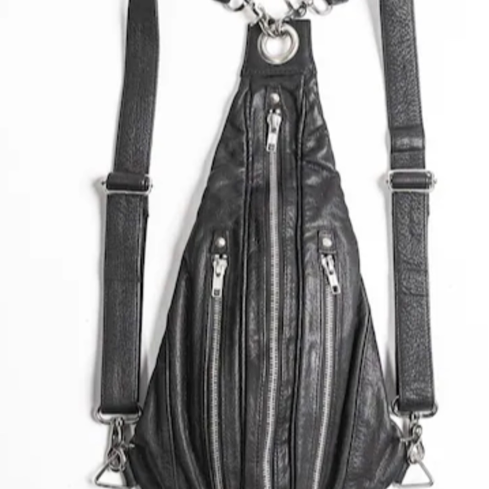 TRI ZIPPER Black Leather and Silver Backpack Utility Pack and Hip Ba